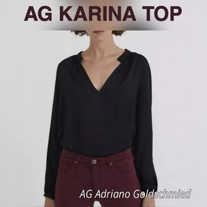 NWT AG Adriano Goldschmied Blouse Black V neck Textured poly/cupro Top